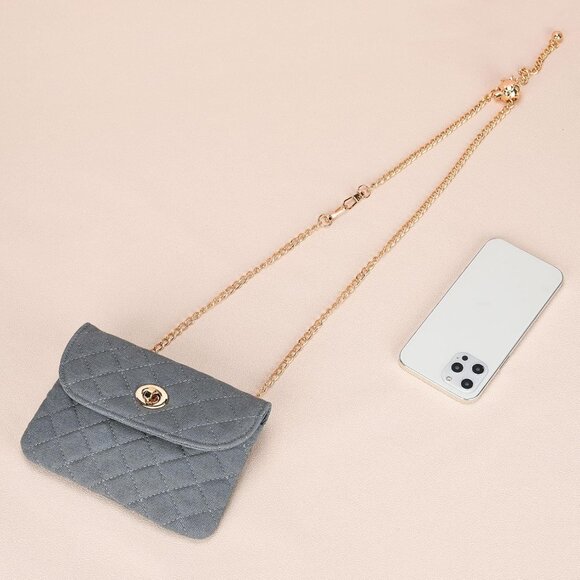 Designer Checkered Denim Chain Belt Bag for Women, Grey, Small - Picture 4 of 5